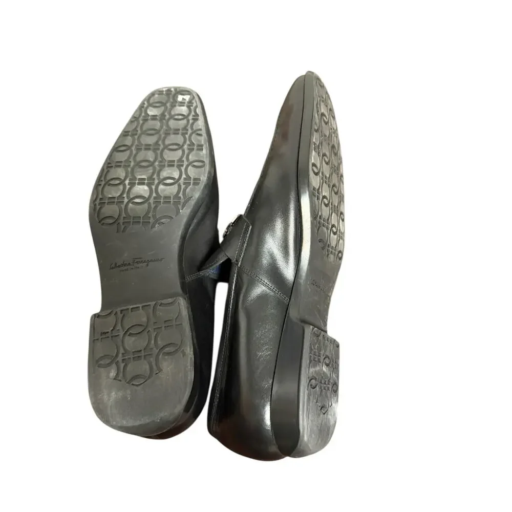 Ferragamo Black Italian Leather Gancini Bit Square Toe Slip On Dress Loafer 10.5